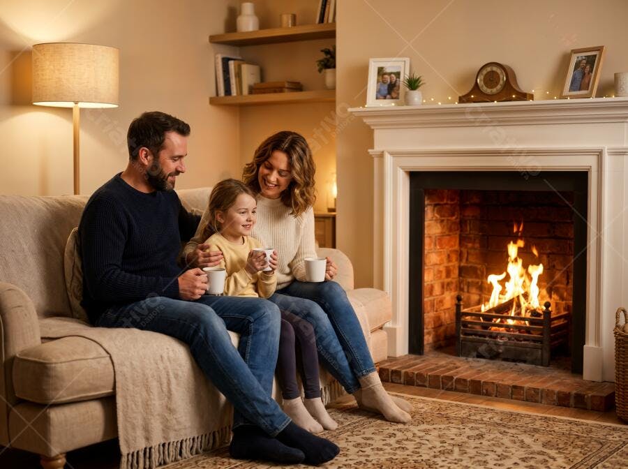 Foto Família Feliz Lareira Inverno Aconchegante Sala Estar