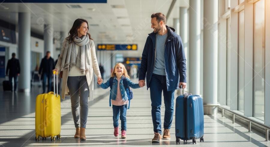 Foto Família Feliz Viajando Aeroporto Com Malas