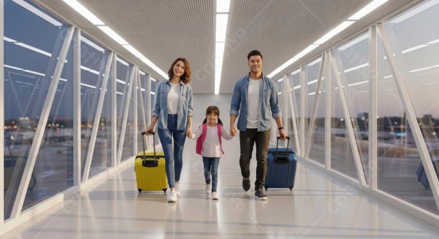 Foto Família Feliz Viajando Aeroporto Corredor Embarque