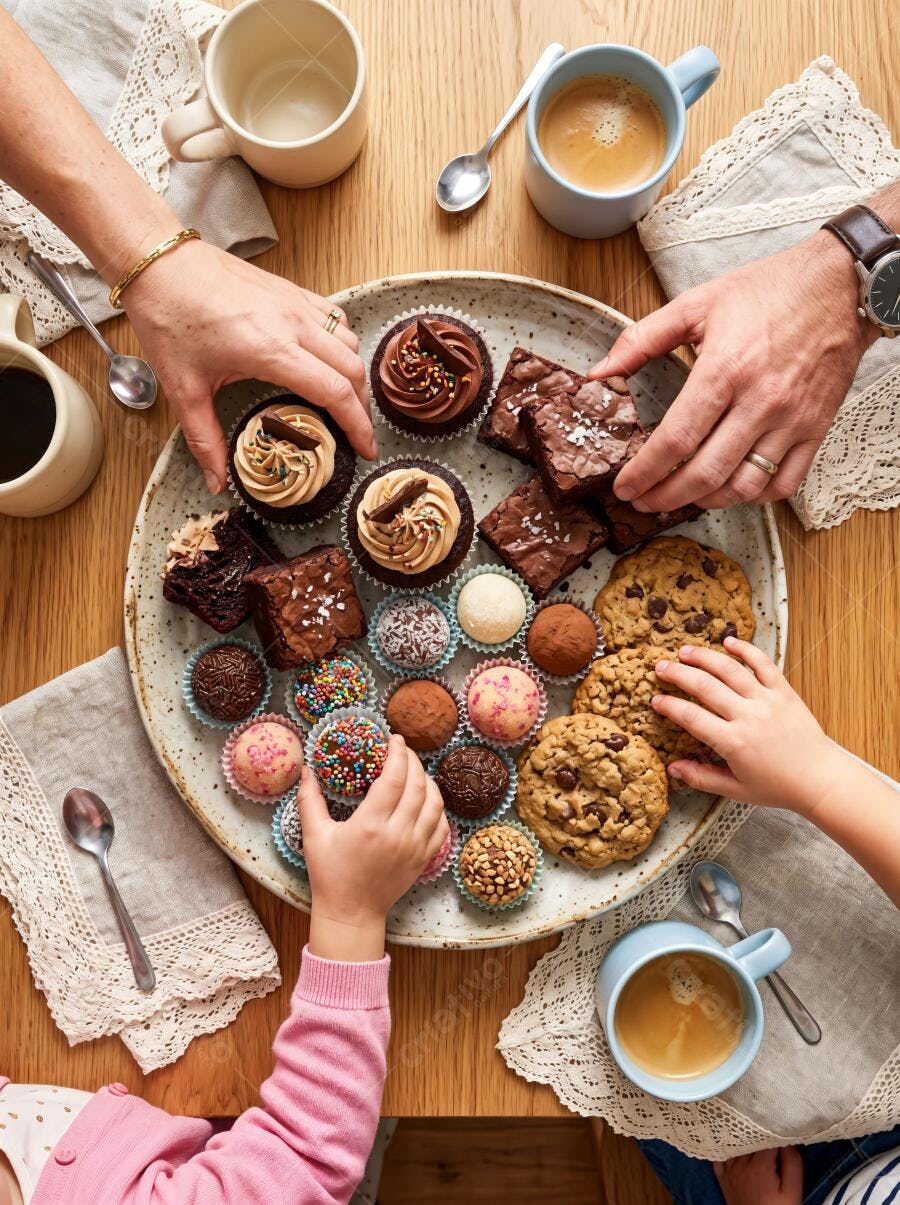 Foto Família Pegando Doces Variados Mesa de Madeira Vista Superior
