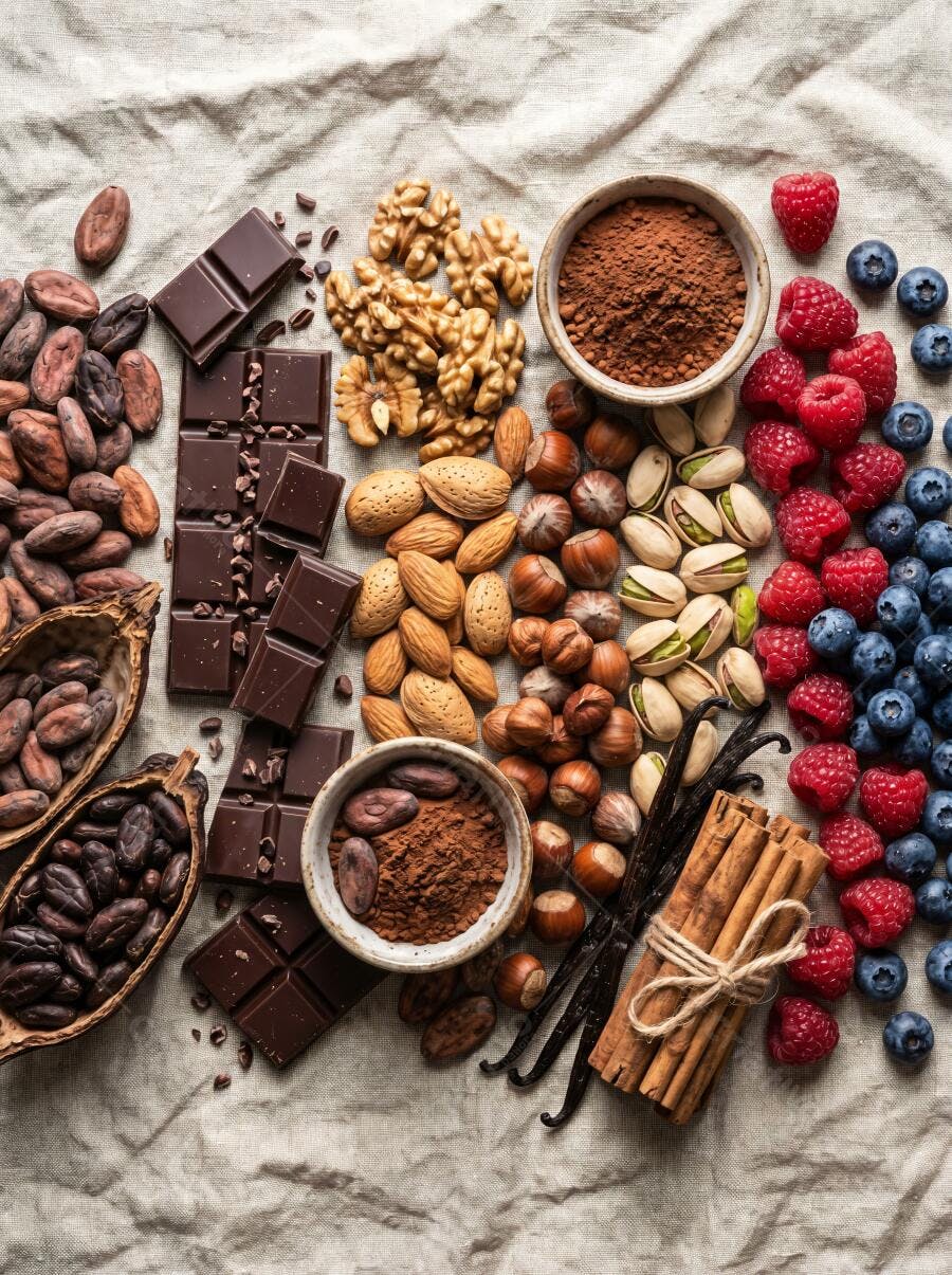 Foto Flat Lay Ingredientes Culinários Cacau Chocolate Frutas Secas