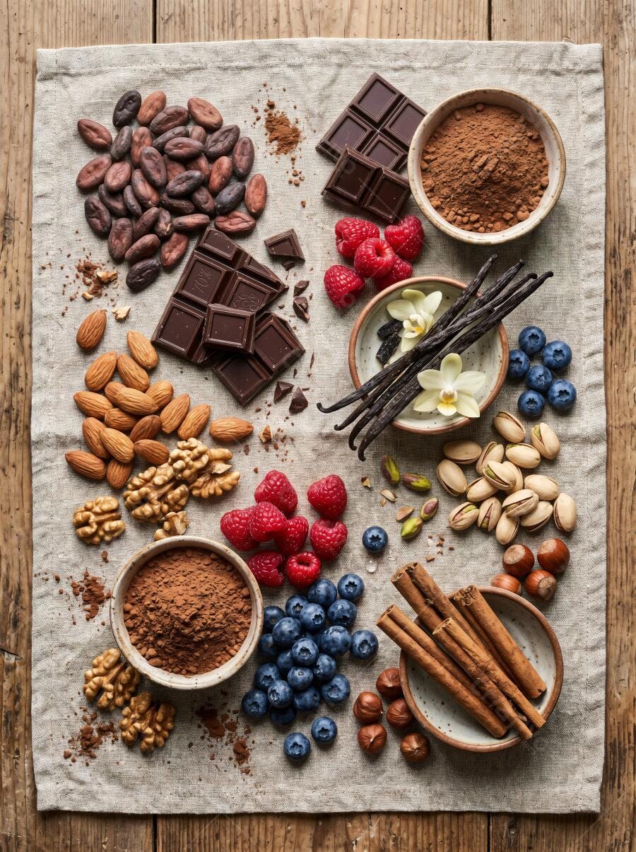 Foto Flat Lay Ingredientes Culinários Chocolate Frutas Secas Especiarias