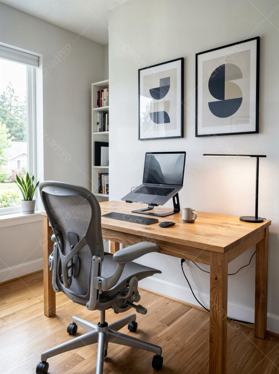 Foto Home Office Moderno Vazio Mesa de Madeira Iluminação Natural