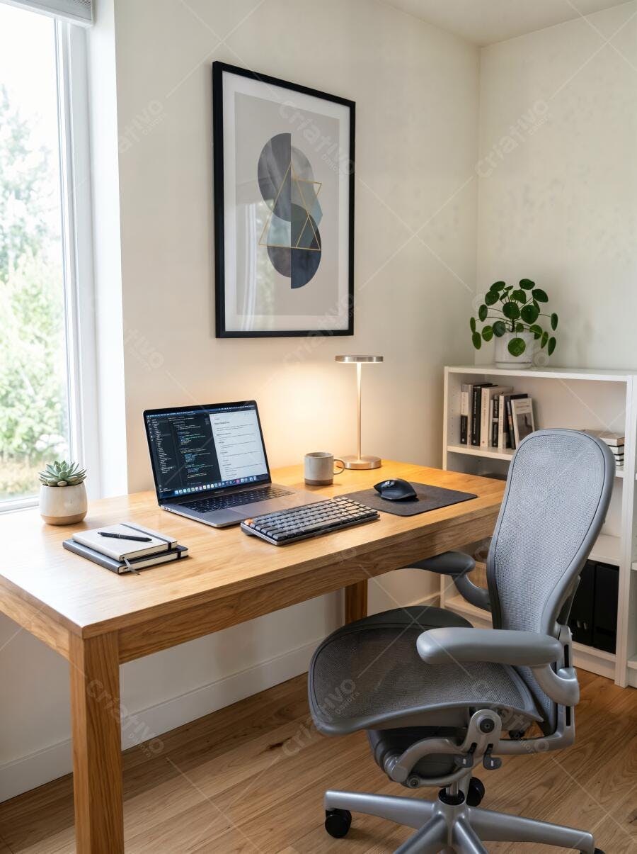 Foto Home Office Moderno Vazio Mesa de Trabalho com Notebook