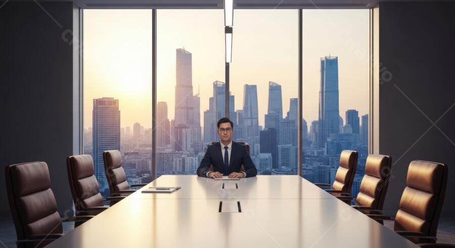 Foto Homem de Negócios Terno Mesa Reunião Janela Cidade