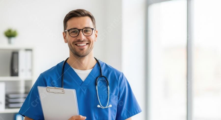Foto Homem Médico Sorrindo Prancheta Consultório Médico