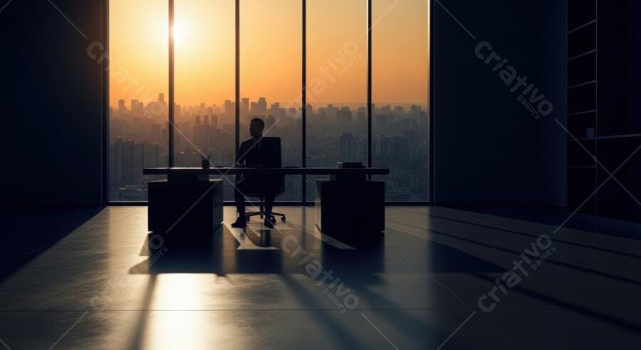 Foto Homem Silhueta Escritório Luxo Pôr do Sol Janela Panorâmica