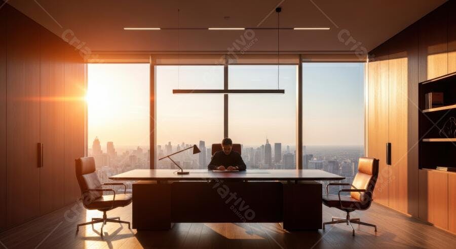 Foto Homem Trabalhando Escritório Luxo Pôr do Sol Vista Cidade