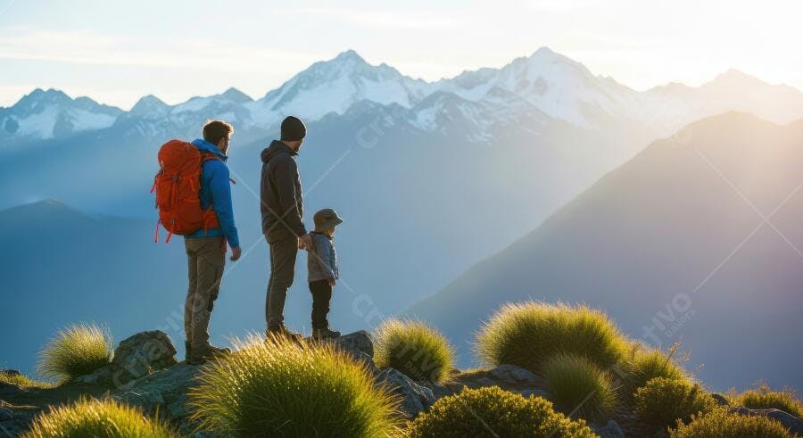 Foto Homens Criança Admirando Montanhas Neve Pôr do Sol