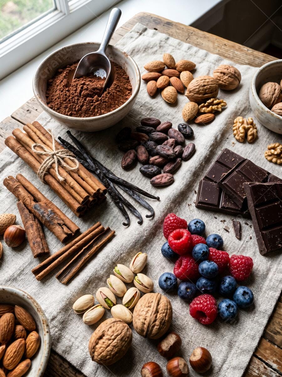 Foto Ingredientes Culinários Chocolate Cacau Frutas Secas Especiarias
