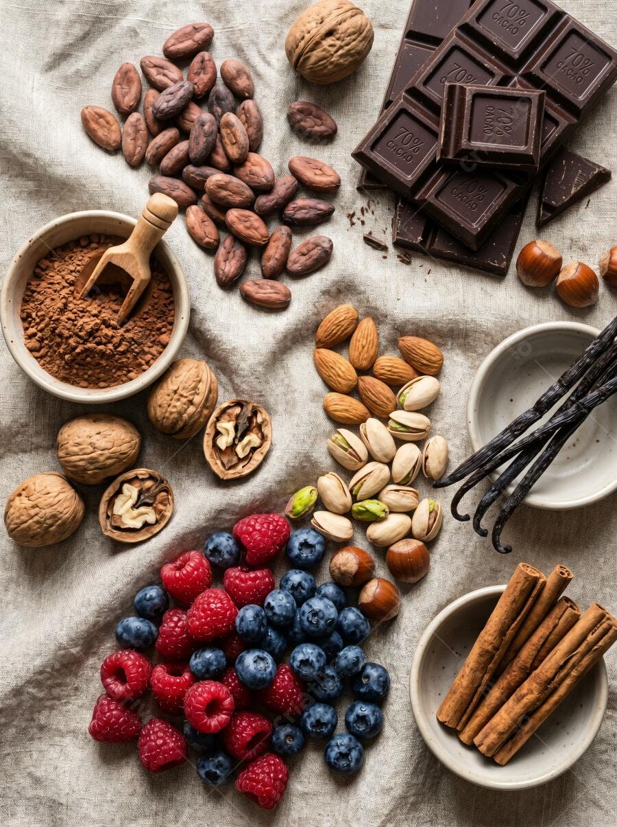 Foto Ingredientes Culinários Chocolate Frutas Nozes Baunilha Canela