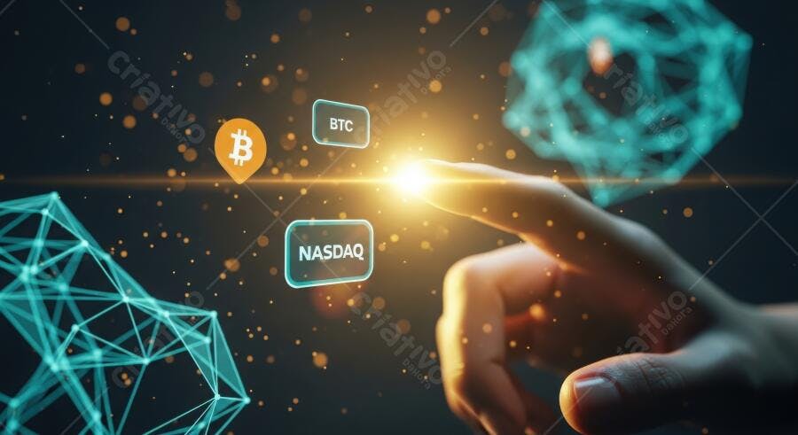 Foto Mão Tocando Criptomoedas Bitcoin Nasdaq Tecnologia Digital