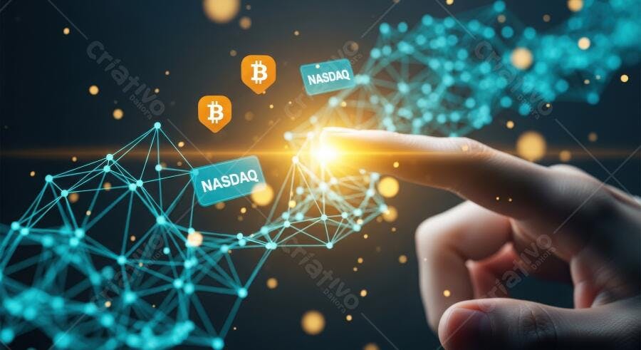 Foto Mão Tocando Rede Conectada Bitcoin Nasdaq Tecnologia Financeira