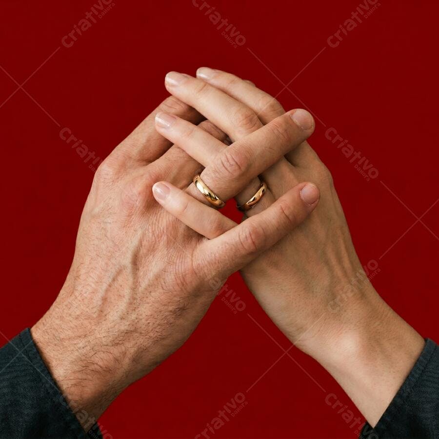 Foto Mãos Casal Alianças Entrelaçadas Fundo Vermelho