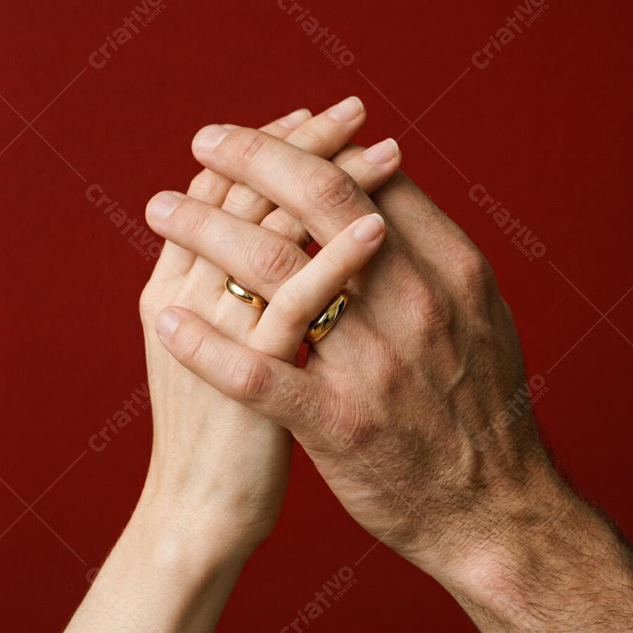 Foto Mãos de Casal Entrelaçadas Alianças Fundo Vermelho