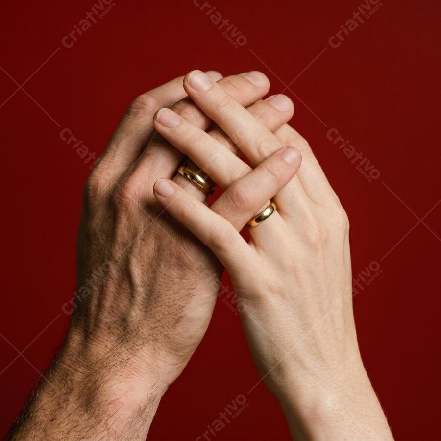 Foto Mãos Entrelaçadas Alianças Casamento Fundo Vermelho
