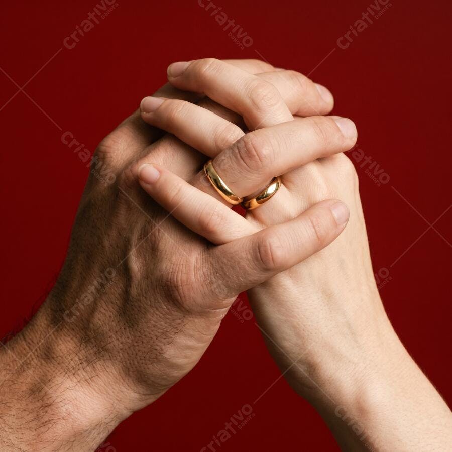 Foto Mãos Entrelaçadas Alianças Casamento Fundo Vermelho