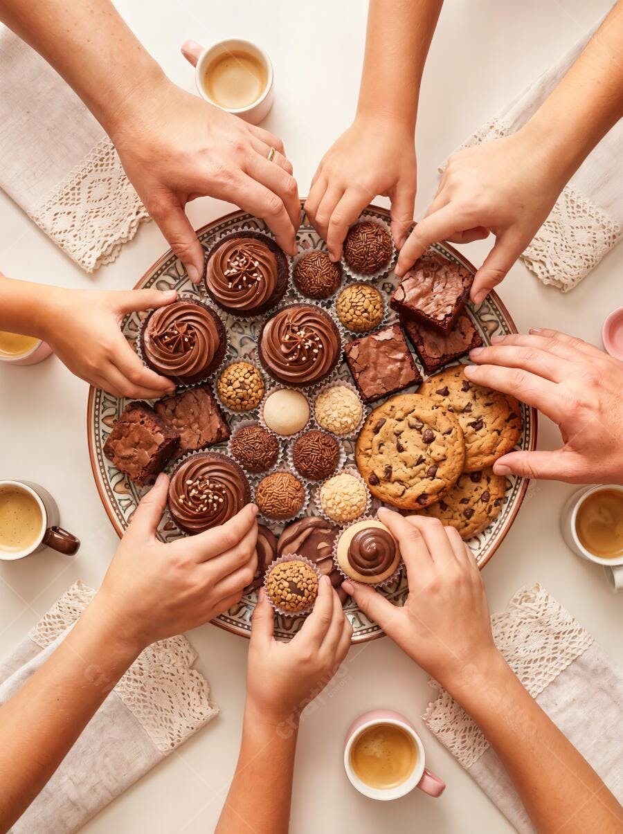 Foto Mãos Pegando Doces Variados Bandeja Café Confraternização