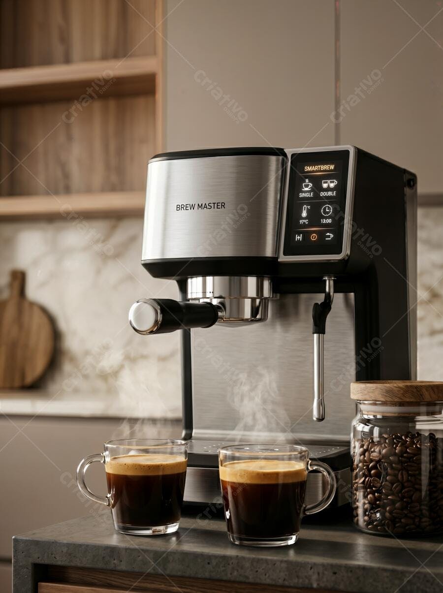 Foto Máquina de Café Expresso Fazendo Duas Xícaras Fumaça Cozinha