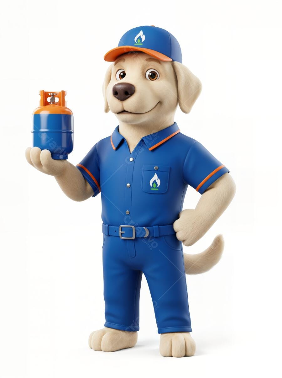Foto Mascote Cachorro Entregador Gás Botijão Azul Uniforme
