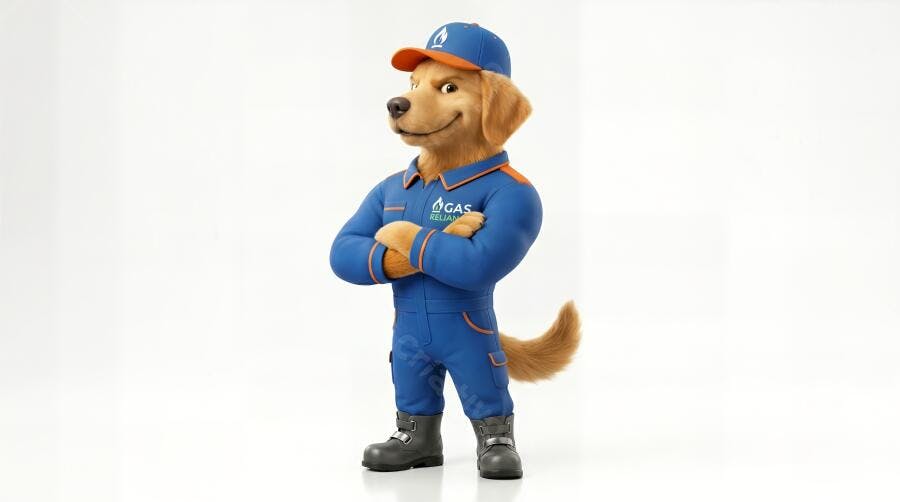 Foto Mascote Golden Retriever Uniforme Azul Braços Cruzados