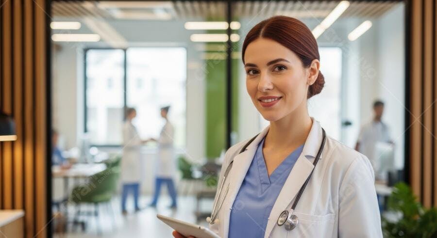 Foto Médica Jovem Sorrindo Consultório Moderno Hospital