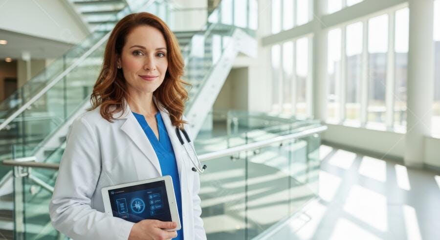 Foto Médica Mulher Branca Sorrindo Hospital Moderno Tecnologia
