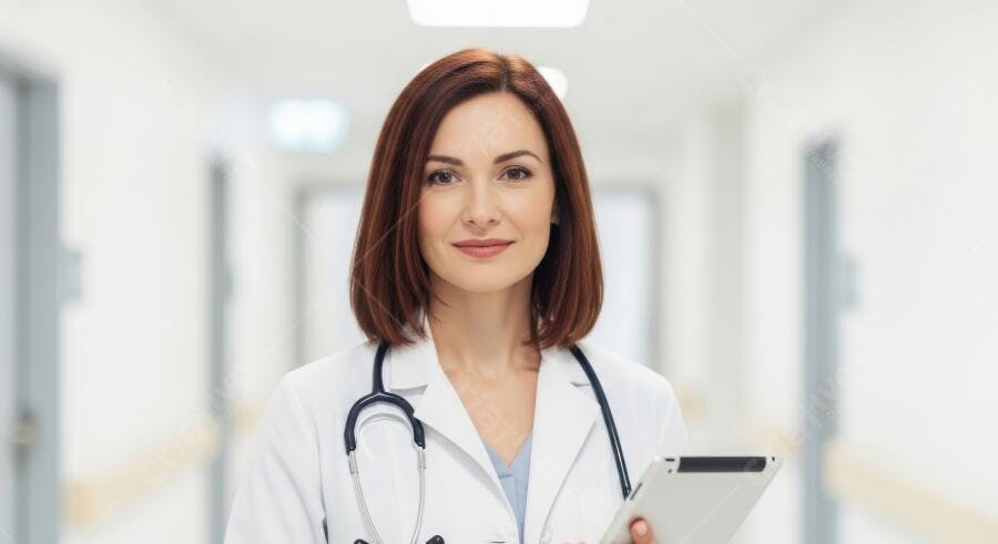 Foto Médica Mulher Branca Sorrindo Hospital Tablet