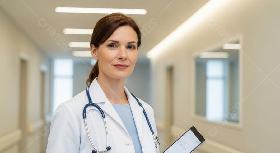 Foto Médica Mulher Confiante Jaleco Estetoscópio Hospital
