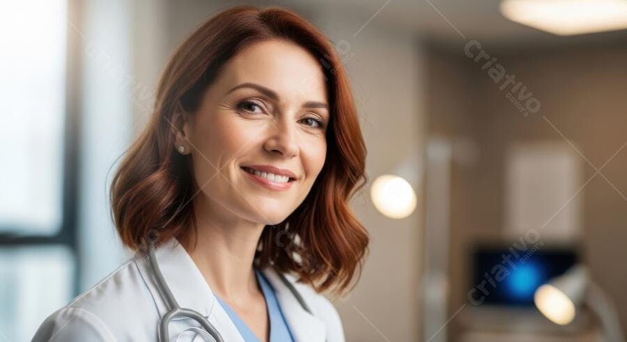 Foto Médica Mulher Sorrindo Jaleco Estetoscópio Clínica
