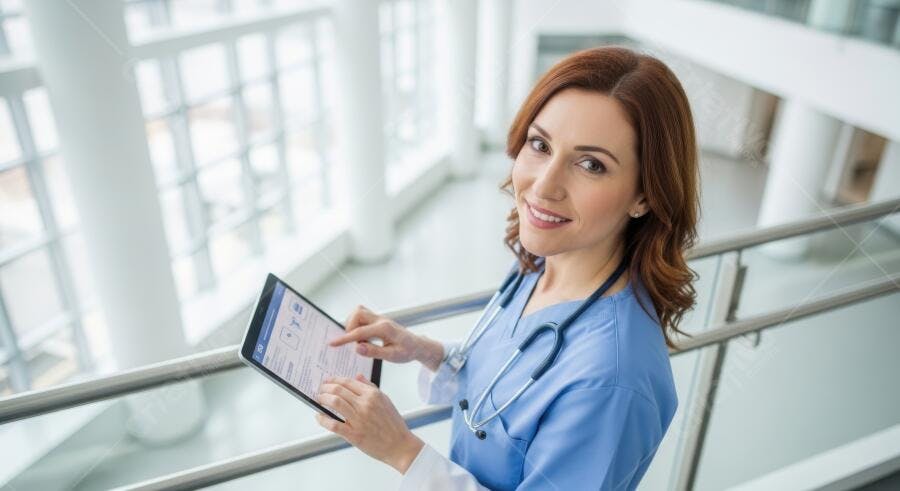 Foto Médica Sorrindo Tablet Hospital Moderno Profissional Saúde