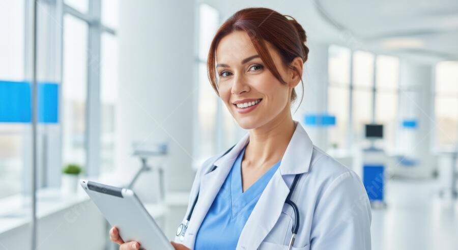 Foto Médica Sorrindo Tablet Hospital Profissional Saúde