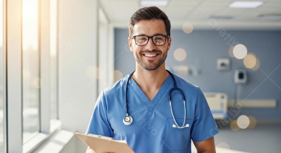 Foto Médico Homem Sorrindo Hospital com Prancheta