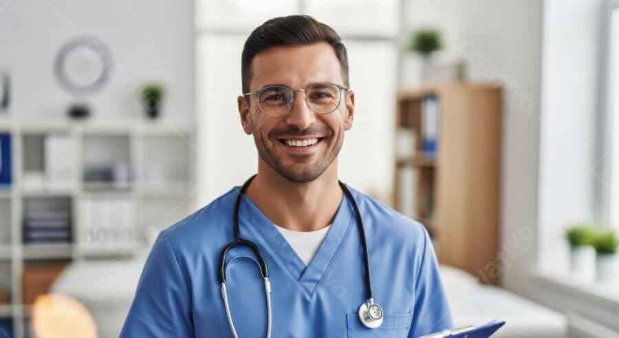 Foto Médico Sorrindo Homem de Óculos Uniforme Hospitalar