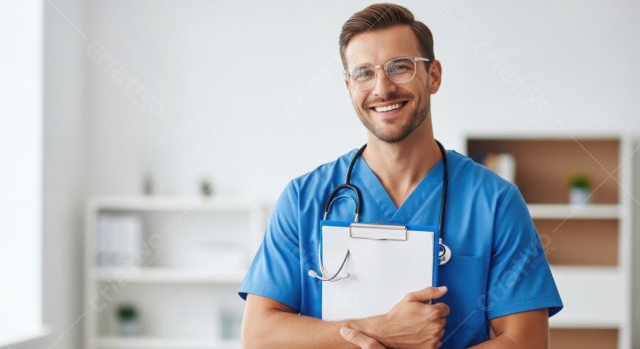 Foto Médico Sorrindo Prancheta Estetoscópio Clínica
