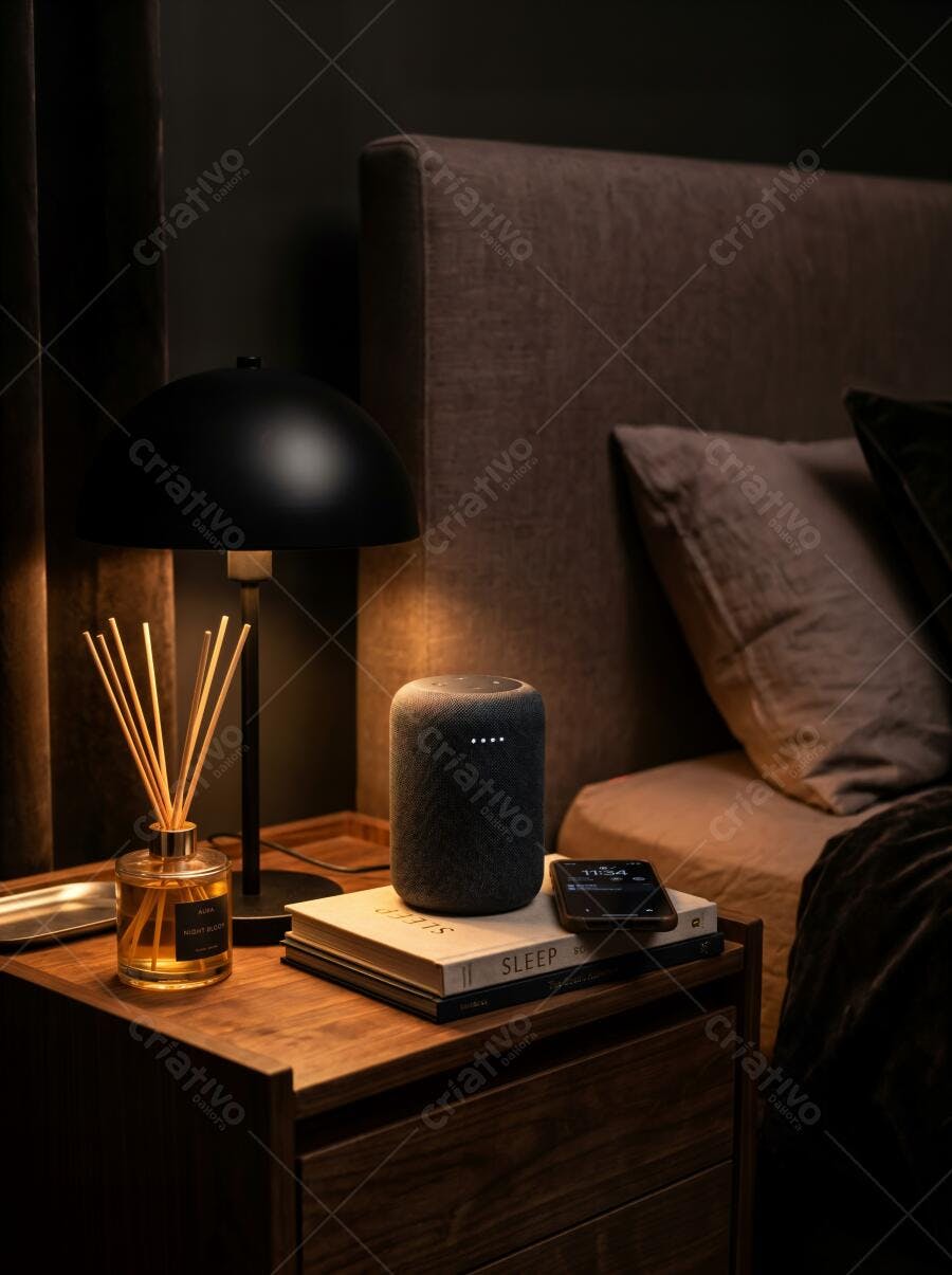 Foto Mesa de Cabeceira com Smart Speaker e Abajur Quarto Escuro
