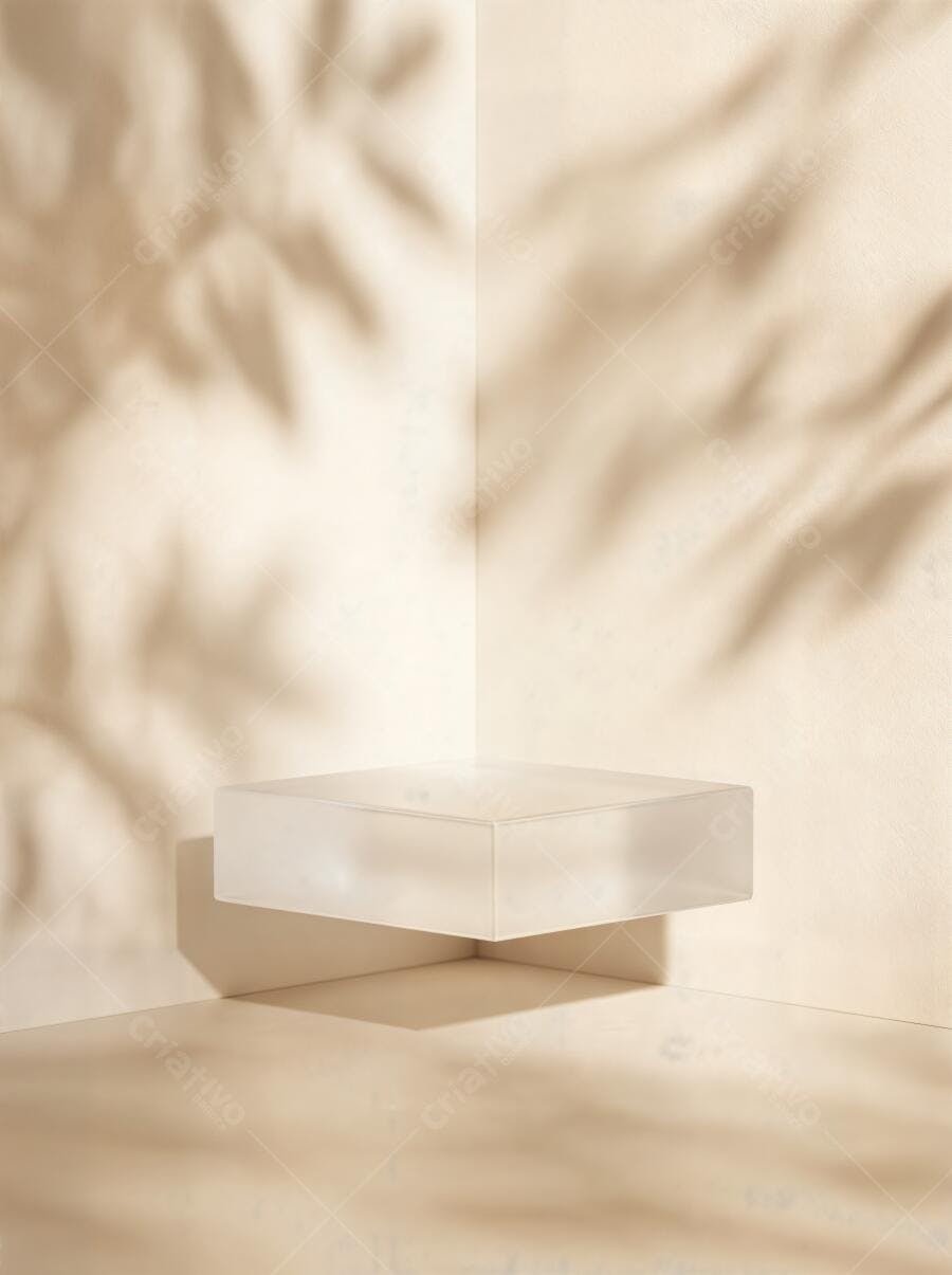 Foto Mockup Pedestal Transparente Sombra Folhas Fundo Bege
