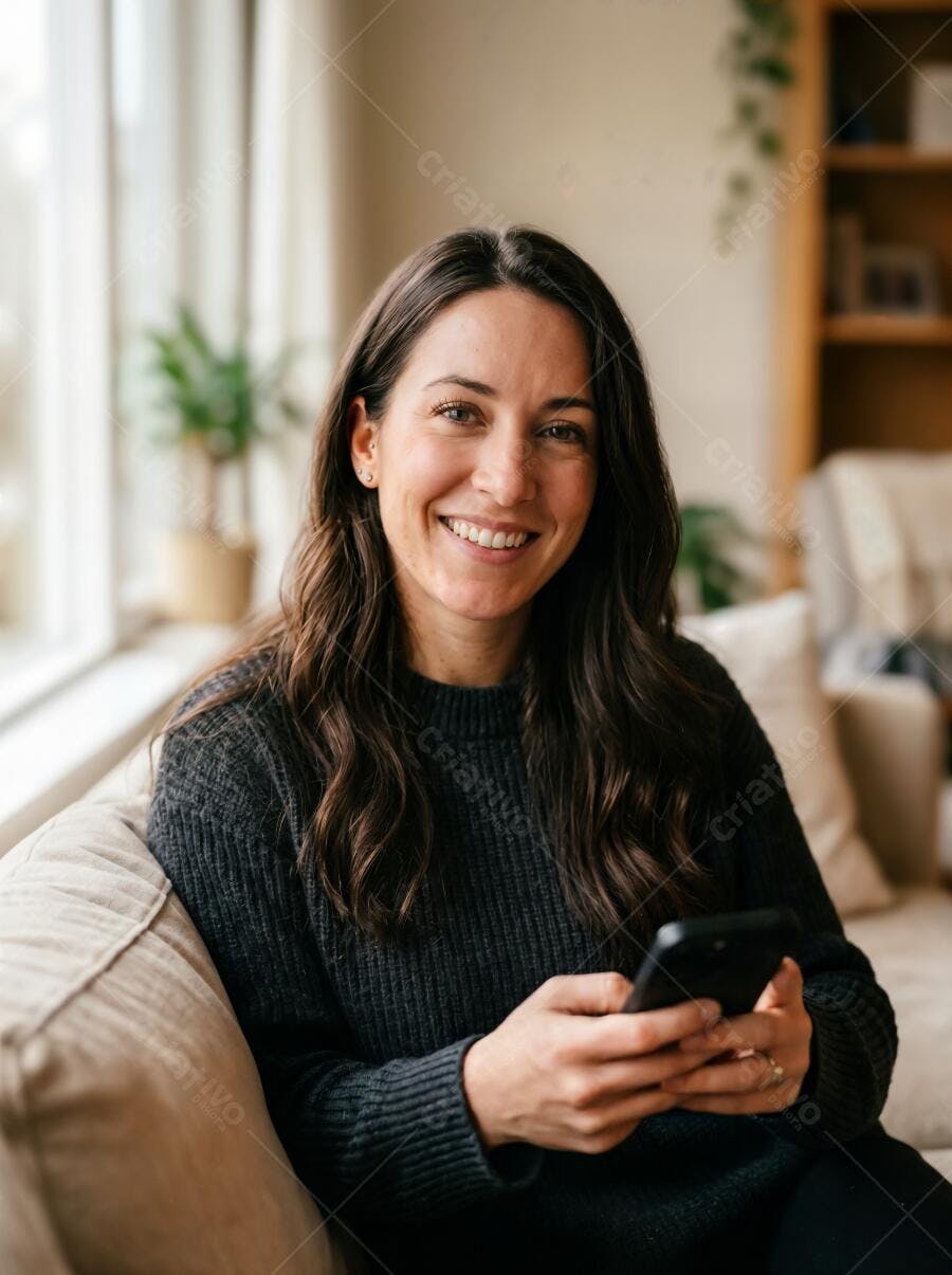 Foto Mulher Jovem Sorrindo Usando Celular Sofá Sala de Estar