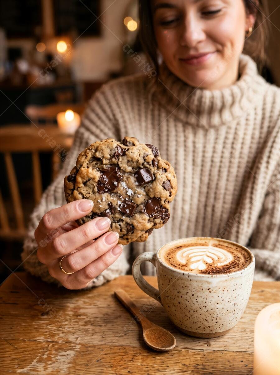 Foto Mulher Segurando Cookie Chocolate Café Aconchegante
