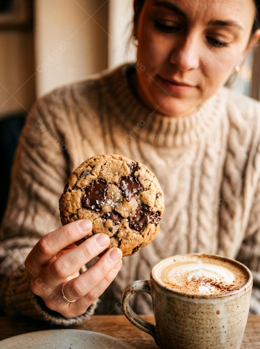 Foto Mulher Segurando Cookie Chocolate Café Cafeteria