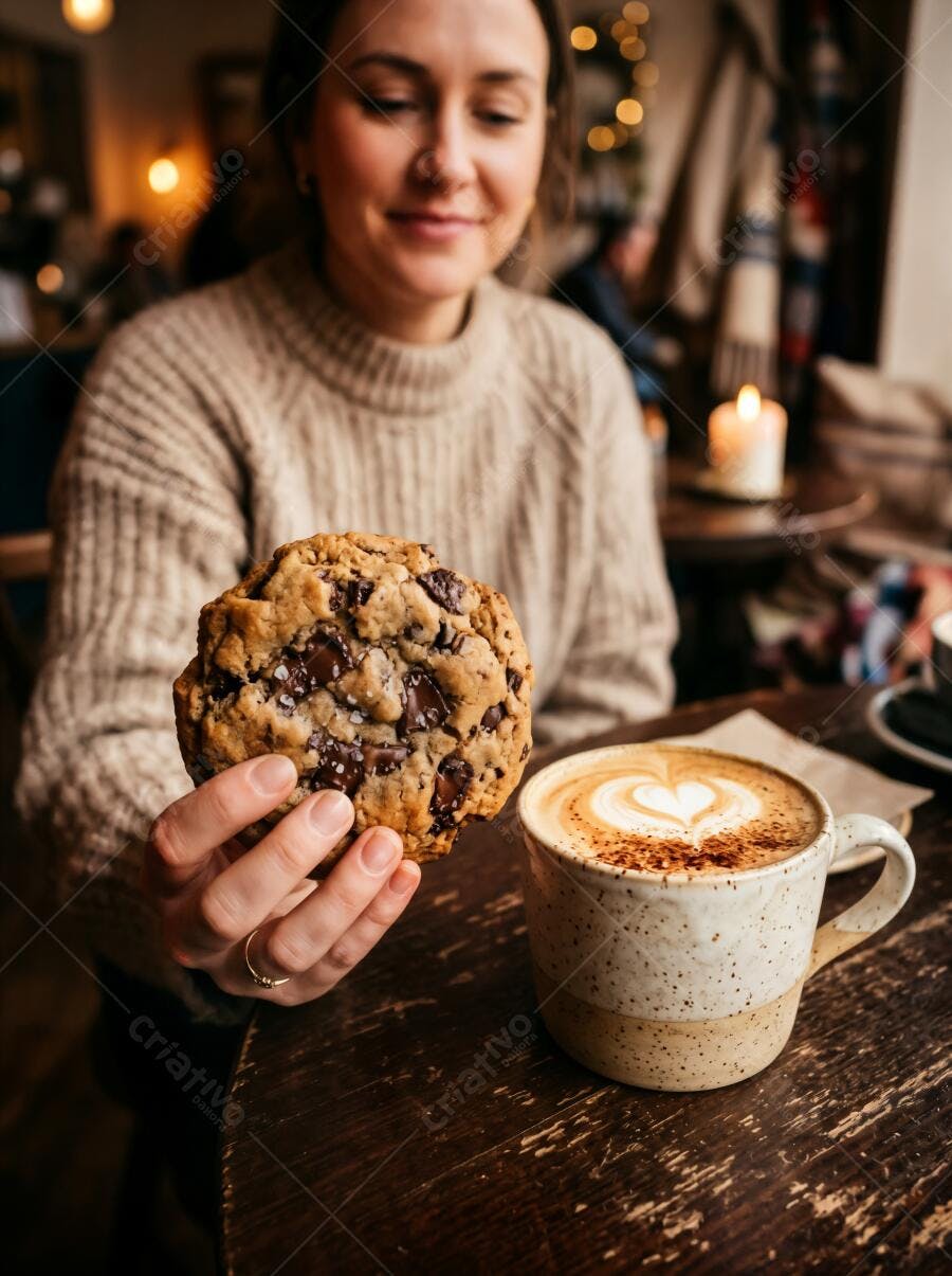 Foto Mulher Segurando Cookie Chocolate Café Cafeteria