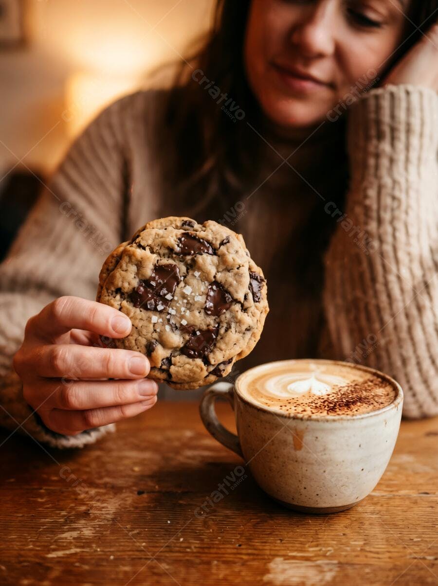 Foto Mulher Segurando Cookie Chocolate Café com Leite