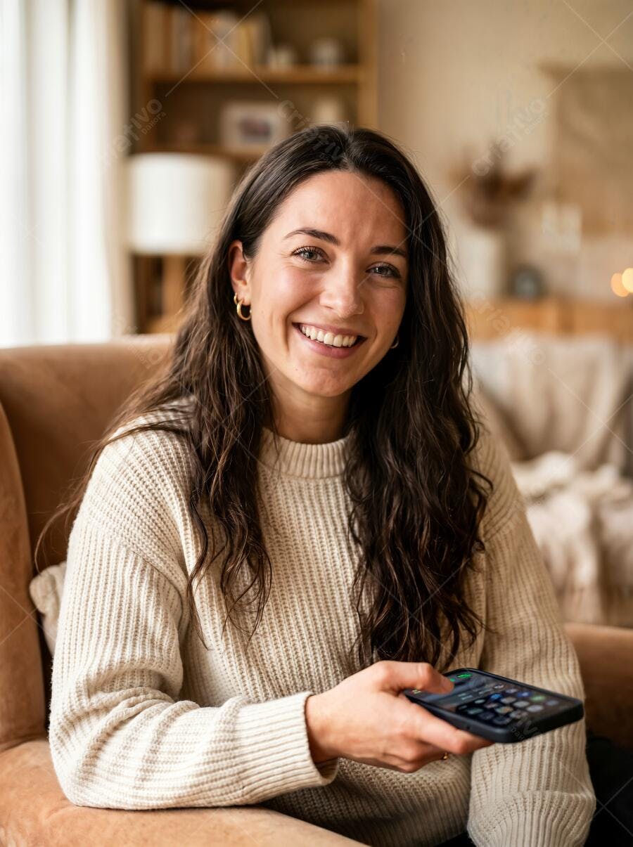 Foto Mulher Sorrindo Celular Sala de Estar Lifestyle