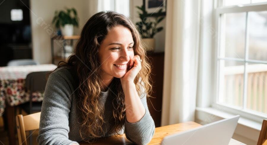Foto Mulher Sorrindo Trabalhando Home Office Notebook Janela