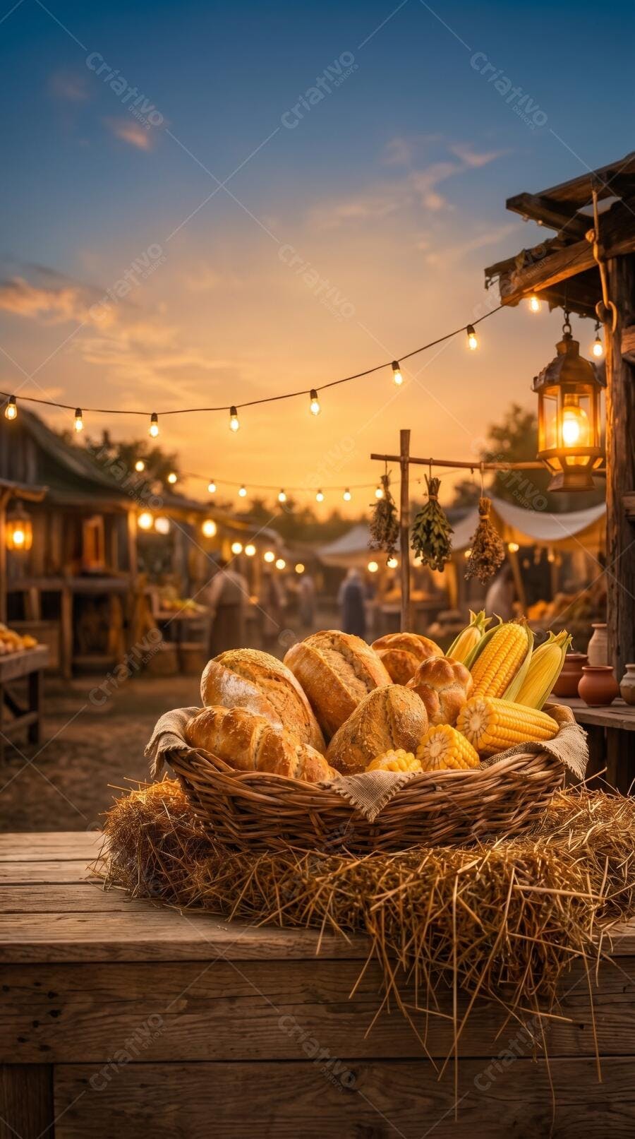 Foto Pães Milho Cesta Mercado Rural Noturno Festa Junina