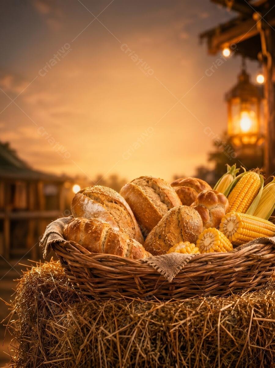 Foto Pães Milho Cesta Palha Festa Junina Entardecer
