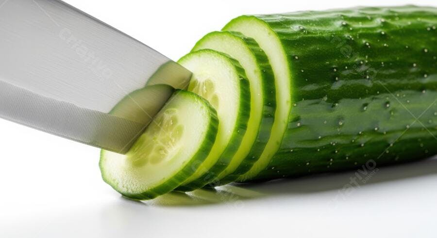 Foto Pepino Fresco Sendo Cortado Fatias Fundo Branco