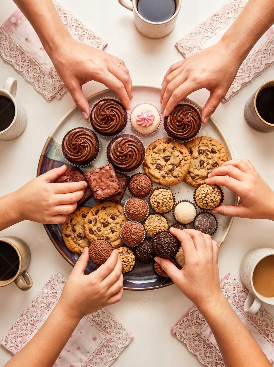 Foto Pessoas Pegando Doces Variados Brigadeiros Cupcakes Cookies