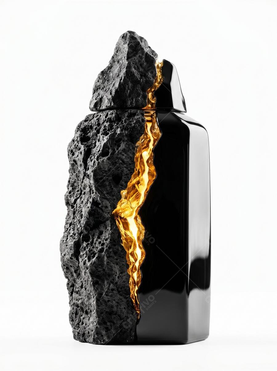 Foto Produto Frasco Perfume Pedra Vulcânica Ouro Fundo Branco