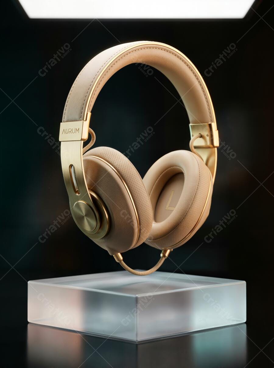 Foto Produto Headphone Dourado Fone de Ouvido Estúdio Escuro